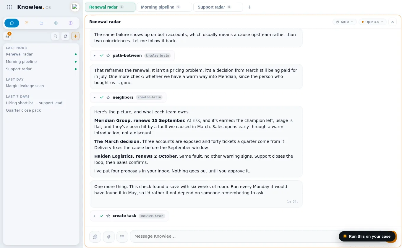The Knowlee OS cockpit: parallel sessions, the decision inbox, the board and the Brain