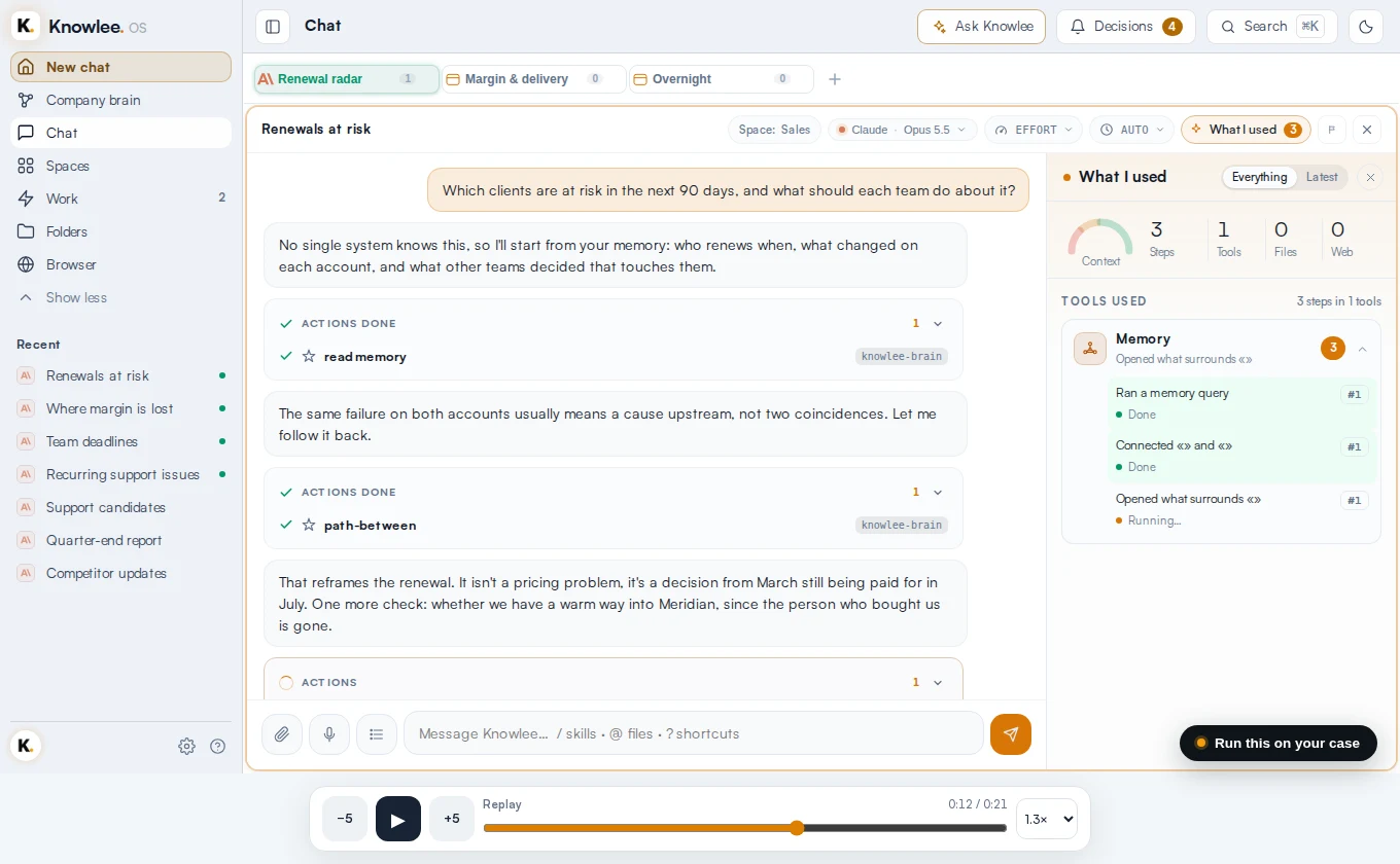 The Knowlee OS cockpit: parallel sessions, the decision inbox, the board and the Brain